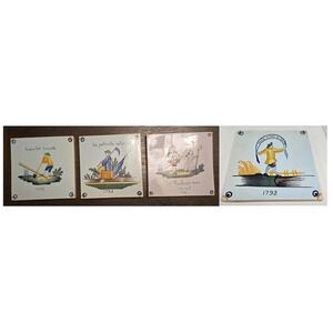 4 Vintage Geo Martel Faïence Ceramic Tiles "1793", Made in‎ Desvres, France